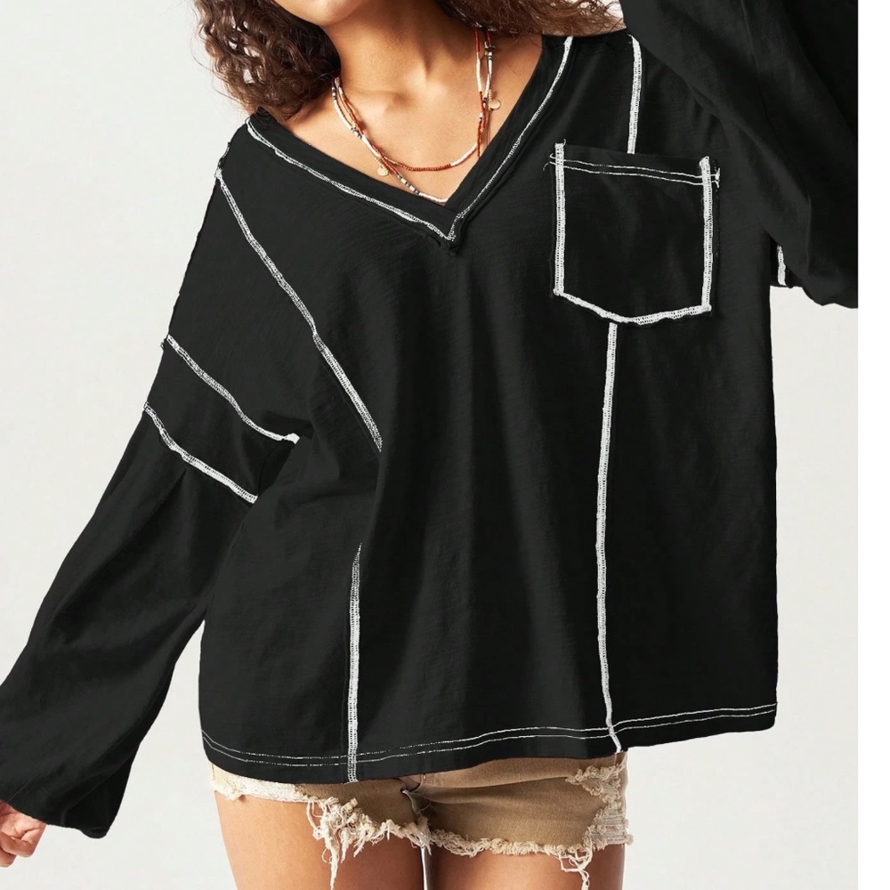 Solid Cotton V Neck Reverse Stitch Loose Fit Long… - image 2